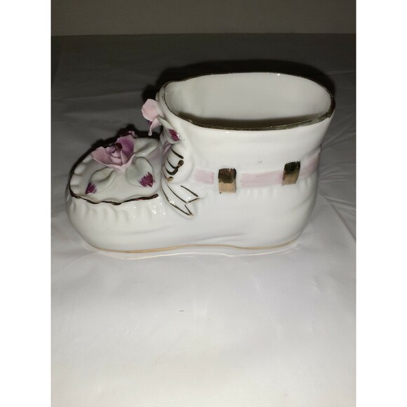 Vintage Collectible Art Deco Porcelain Baby Shoe Painted Flower and Gold Trim - Picture 1 of 8